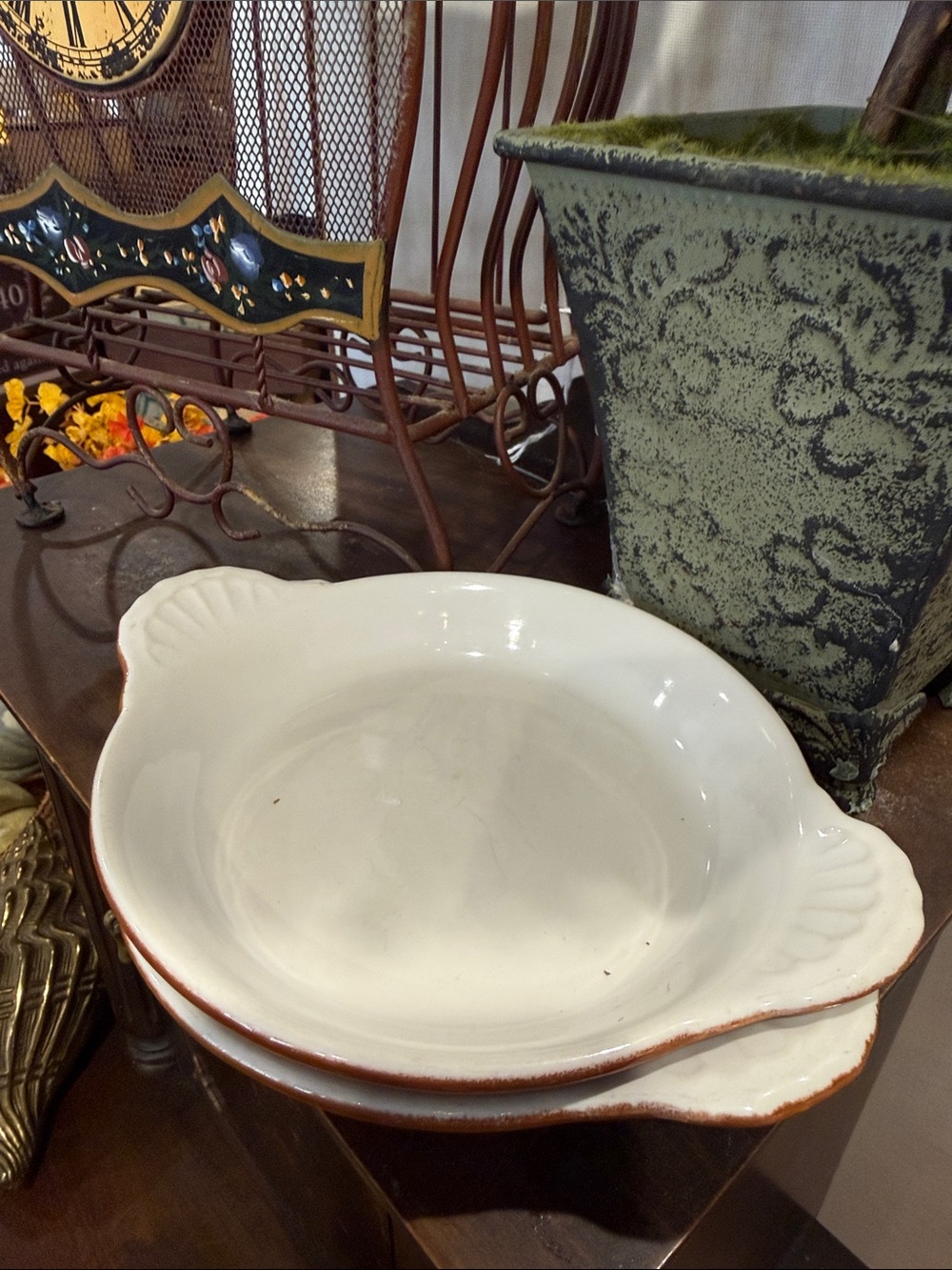 White Ceramic Serving Bowl with Brown Trim - Home Dining